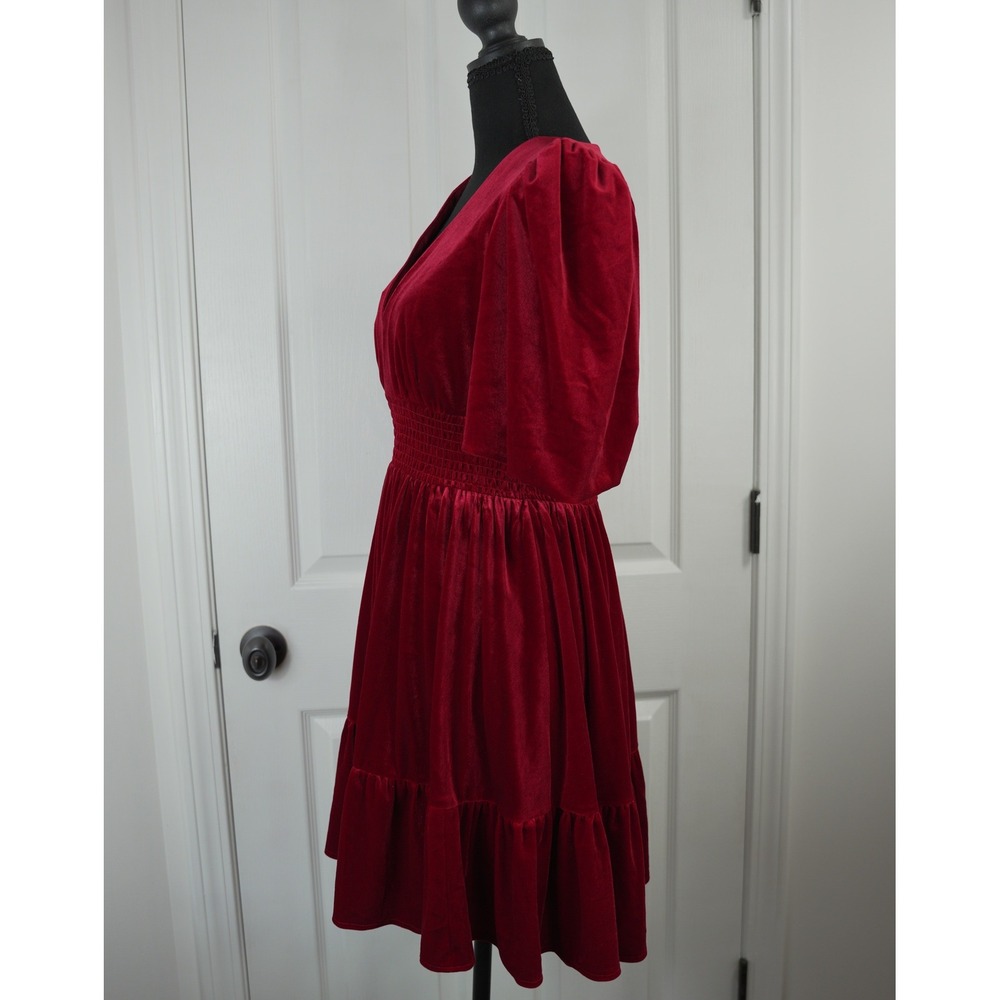 Antonio Melani‎ Red Velvet V-Neck Smocked Waist Ruffle Mini Dress Size 2 Holiday - Picture 4 of 15